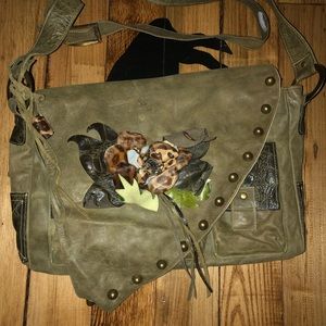 Italian leather olive colored bag with flowers